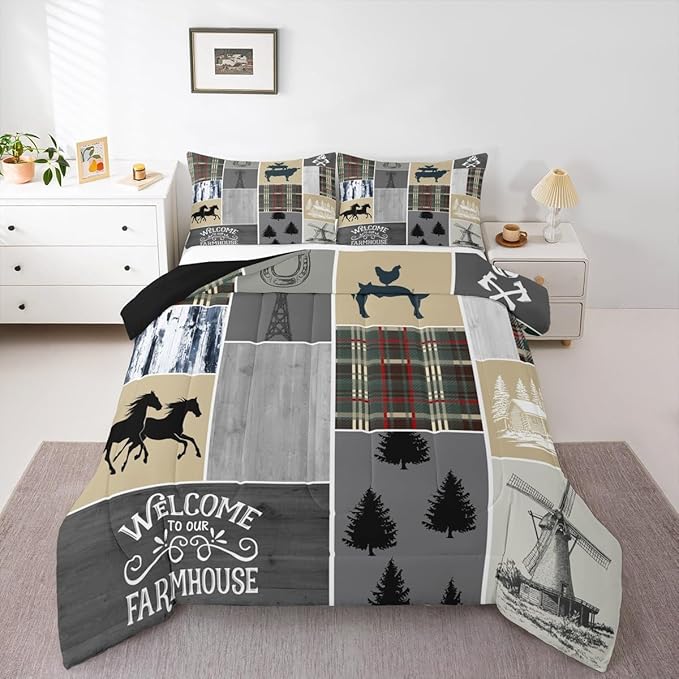 Erosebridal Horse Comforter Set for Boys, Rustic Cabin Patchwork Bedding Set Full Size, Western Cowboys Cowgirls Bedding Comforter Sets Farm Animal Windmill Patchwork Duvet Insert Southwestern Decor