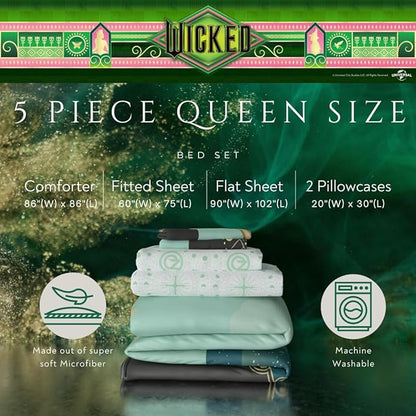 Collectibles Wicked Elphaba and Glinda Bedding 5 Piece Super Soft Reversible Comforter and Sheet Set, Queen, (Officially Licensed Product) by Franco