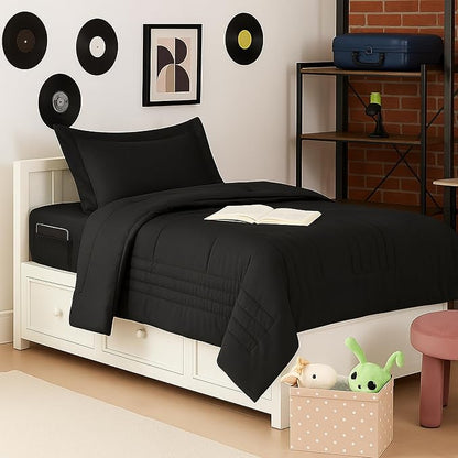 Twin XL Comforter Set College Dorm Bedding Bundle (Twin XL) – Dorm Upgrade with Comforter, Mattress Protector, Sheet Set & Pillow Sham — Stylish Quilted Stripe for Students & Shared Rooms, Black