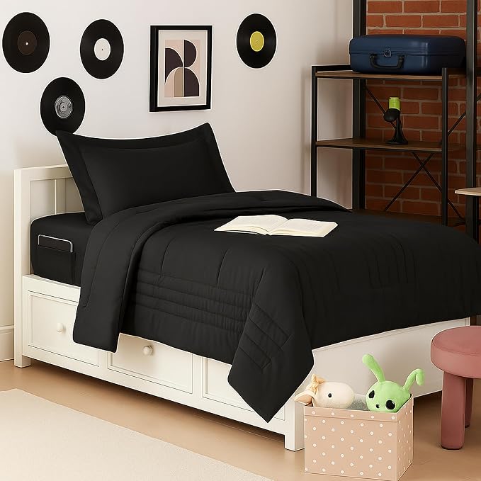Twin Size Comforter Set Quilted Stripe Bedding Bundle – Stylish Set with Comforter, Mattress Protector, Sheet Set & Pillow Shams — Sophisticated Striped Design for Home & Guest Rooms, Black