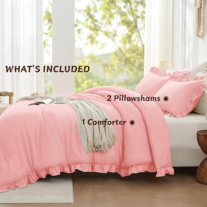 FUANNA Full Size Comforter Sets Pink, 3 Pieces Ruffle Full Size Bedding Sets, Fluffy Bed in a Bag Full for All Seasons, Shabby Chic Full Bed Set with 1 Lightweight Comforter & 2 Pillowshams