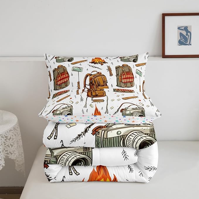 Feelyou Camping Comforter Set Toddler Size Camper Comforter Accessories for Travel Trailers Bedding Set Camping Backpack Print Duvet Set Room Decor Jade White Quilt Set