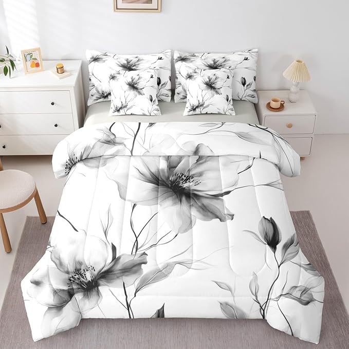 Erosebridal Black and White Floral Comforter Set with Sheets Twin, Boho Flower 7 Pcs Bedding Set for Women Men, Artistic Watercolor Floral Bed Sets, Ink Painting Style Blossom & Leaf Bed in A Bag