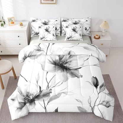 Erosebridal Black and White Floral Queen Comforter Set with Sheets, Boho Flower 7 Pcs Bedding Set for Women Men, Artistic Watercolor Floral Bed in A Bag, Ink Painting Style Blossom & Leaf Bed Sets