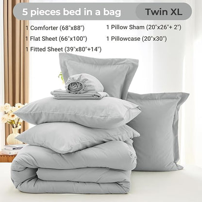 MUXHOMO 5 Pieces Twin XL Comforter Set, Soft Bed in a Bag Twin XL Size, All Season Bedding Set with Comforter, Flat Sheet, Fitted Sheet, Pillowcases & Shams, Light Grey