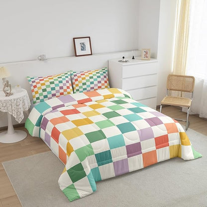 Feelyou Multicolored Checkered Retro Bedding Set Kids Boys Girls Geometric Vintage Comforter Set Full Size Green Yellow Colorful Duvet Insert Modern Simple Groovy Aesthetic Room Decor