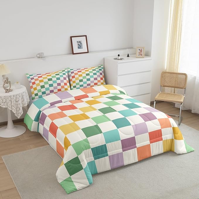 Feelyou Multicolored Checkered Retro Bedding Set Kids Boys Girls Geometric Vintage Comforter Set Twin Size Green Yellow Colorful Duvet Insert Modern Simple Groovy Aesthetic Room Decor