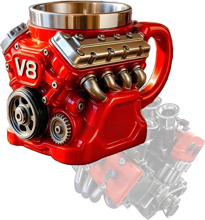 V8 Engine Coffee Mug, V8 Coffee Mug for Car Enthusiast, V8 Engine Mug Stainless Steel Cup Creative Design Decoration (Red)