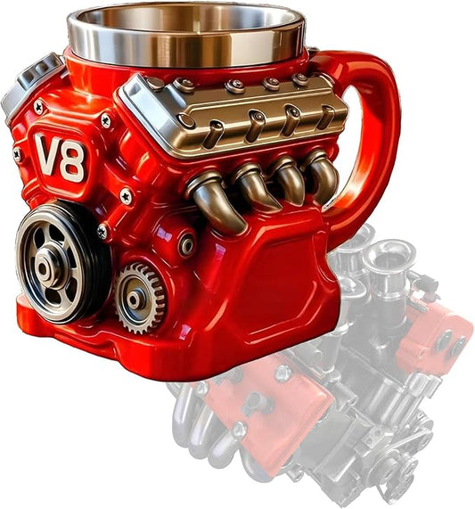 V8 Engine Coffee Mug, V8 Coffee Mug for Car Enthusiast, V8 Engine Mug Stainless Steel Cup Creative Design Decoration (Red)