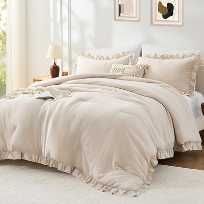 FUANNA Full Size Comforter Sets Beige, 3 Pieces Ruffle Full Size Bedding Sets, Fluffy Bed in a Bag Full for All Seasons, Shabby Chic Full Bed Set with 1 Lightweight Comforter & 2 Pillowshams