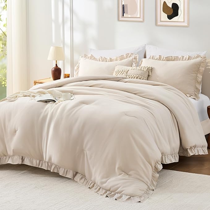 FUANNA Queen Comforter Set Beige 3 Pieces, Ruffle Shabby Chic Queen Bed Set, Fluffy Lightweight Soft Bed in a Bag Queen for All Seasons, Farmhouse Bedding Comforter Sets(1 Comforter & 2 Pillowshams)