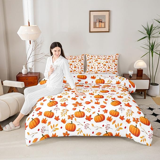 Happy Fall Comforter Set - Pumpkin & Maple Leaves Bedding Quilted Comforter - Thanksgiving Gifts for Kids - 2 Pcs