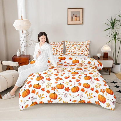 Happy Fall Comforter Set Halloween Pumpkin Autumn Bedding Sets Full,Cute Fall Flowers Maple Leaves Bedding Quilted Thanksgiving Comforter Gifts for Kids Boys Girls Fall Home Bedroom Decor 3 Pcs