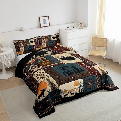 Bohemian Deer Bedding Sets Full Bear Wildlife Hunting Theme Comforter Cabin Decor Buffalo Plaid Grid Duvet Insert for Adult Women Men Retro Boho Xmas Pine Tree Down Comforter Geometric Quilt 3Pcs