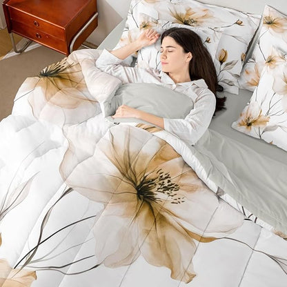 Erosebridal Champagne Flower Queen 7 Pieces Bedding Set, Boho Floral Comforter Set with Sheets, Elegant Flower Boho Bed in A Bag for Women Adults Girls Bedroom, Watercolor Flowers Bed Sets