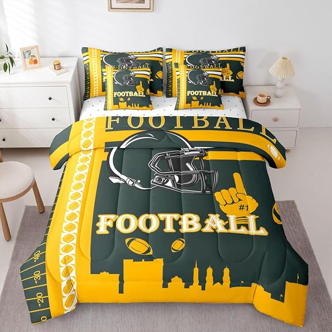 Feelyou Football 7 Pieces Comforter Sets King Size Kids Rugby Sports Bedding Set Rugby Sports Football City Bed in a Bag with Comforter, Sheets, Pillowcases & Cushion Cover