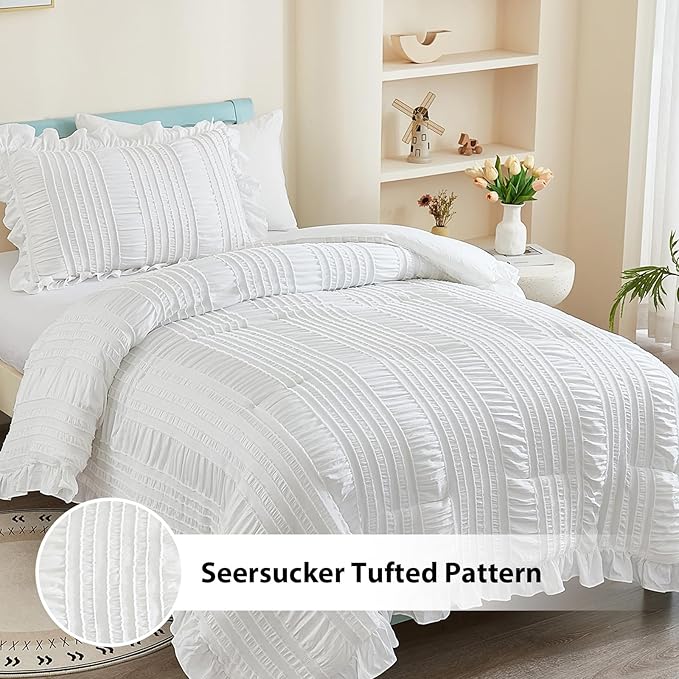 WONGS BEDDING Comforter Full Size, White Ruffle Comforter for Dorm Room Essentials for Full Bed, Soft Seersucker Textured Bedding Set Full Size Comforter Sets for Girls 90"×78"