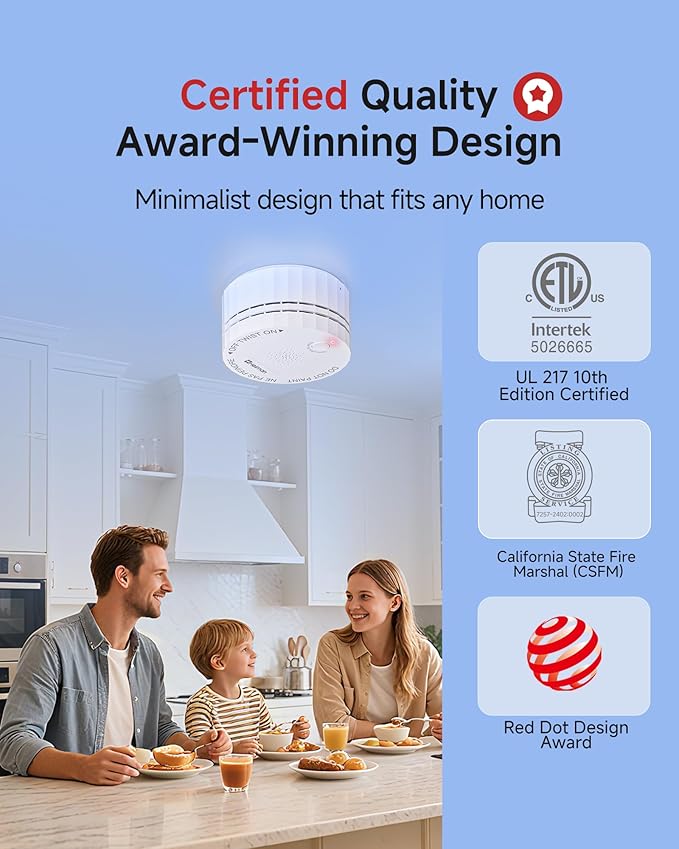 Heiman Matter Smoke Detector, Smart Photoelectric Fire Alarm, Ul217-10th Listed, Battery Powered, Real-Time Notification, Compatible with Smartthings, Home Assistant, Mini Portable for Home RV Travel