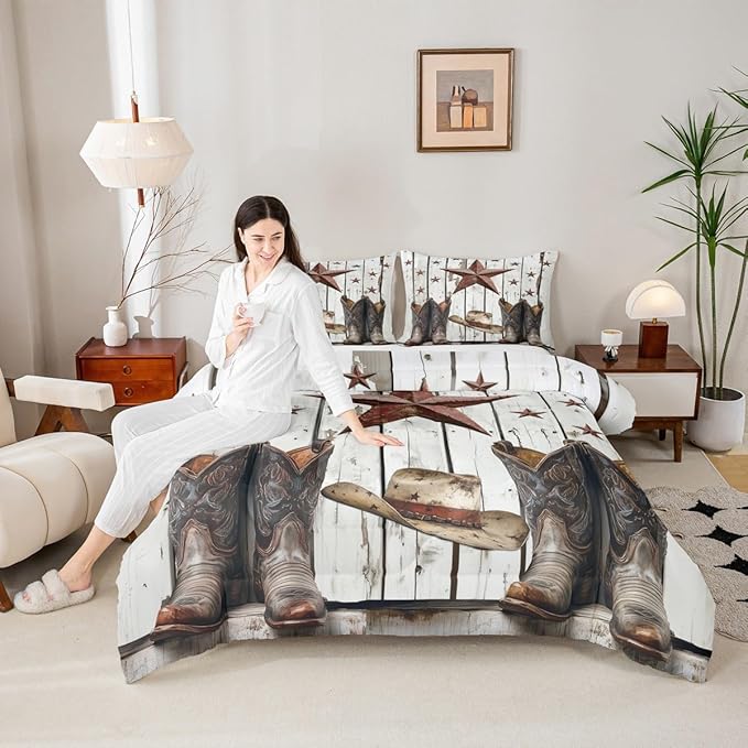 Erosebridal Western Texas Star Comforter Set, Rustic Farmhouse Bedding Set Queen Size, Retro Cowboy Horseshoe Quilt for Kids Teens Adult Men Bedroom, Country Wooden Door Bedding Comforter Sets
