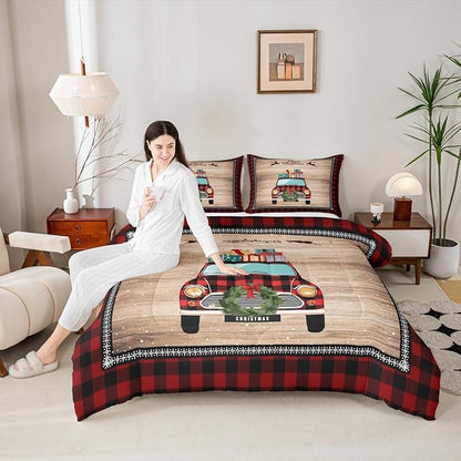 Castle Fairy Christmas Plaid Truck Bedding Set for Boys Girls,Snowflake Deer Red Plaid All Season Cozy Comforter Set Full Size,Rustic Farmhouse Brown Wooden Duvet Set Bedroom Decor,Festival Gifts