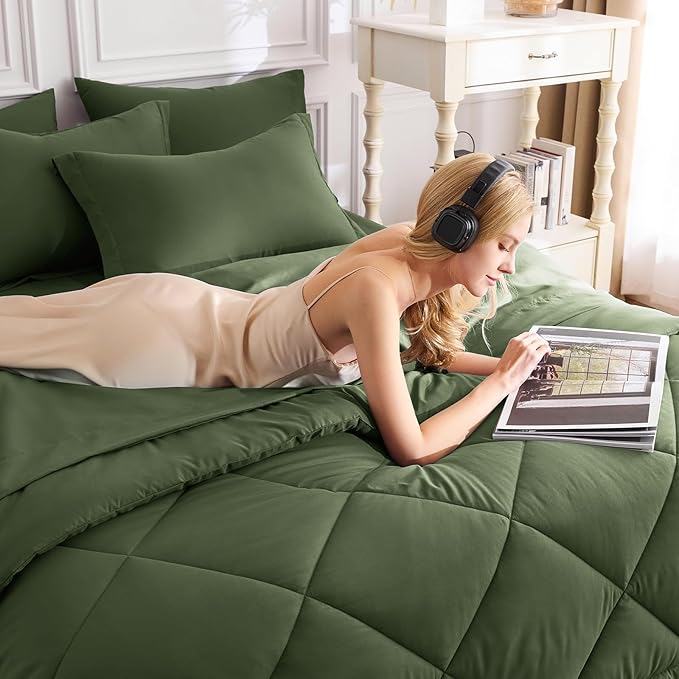 CozyLux King Size Comforter Set Olive Green - 7 Pieces Bed in a Bag King, Luxury Soft Bed Set for All Seasons, Bedding Set with Down Alternative Comforter, Sheets, Pillowcases & Shams