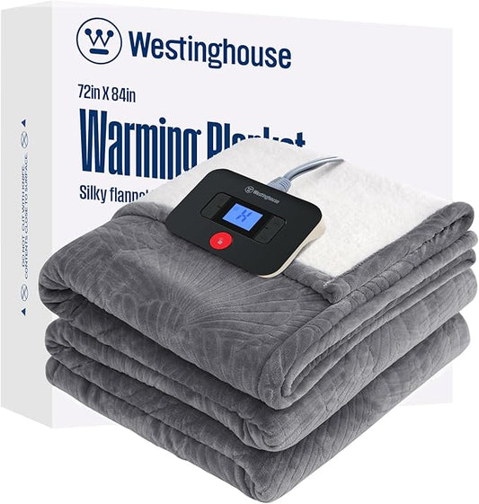 Westinghouse Electric Blanket Full, Flower Jacquard Heated Blanket Full Size with 10 Heating Levels and 1-12 Hours Auto-Off, Flannel to Sherpa Reversible, Machine Washable, 72" x 84" Inch, Grey