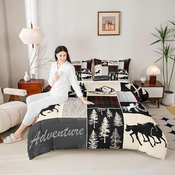 Erosebridal Southwest Horse Bedding Set for Kids, Western Horseshoe Comforter Set Cowboys Cowgirls Riding Boots Quilt for Boys Teens Adult, Forest Rustic Farmhouse Adventure Duvet Insert, Full Size