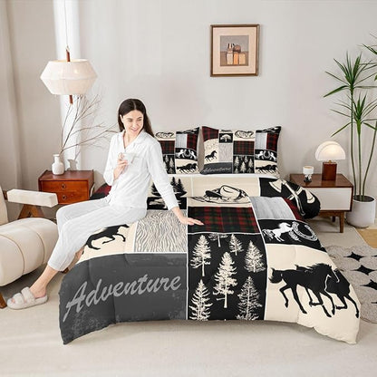 Erosebridal Southwest Horse Bedding Set for Kids, Western Horseshoe Comforter Set Cowboys Cowgirls Riding Boots Quilt for Boys Teens Adult, Forest Rustic Farmhouse Adventure Duvet Insert, Full Size