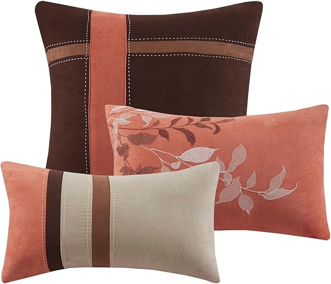 Madison Park Palisades Comforter Set Modern Faux Suede Pieced Stripe Design, All Season Down Alternative Cozy Bedding with Matching Shams, Decorative Pillows, Queen(90"x90"), Coral 7 Piece