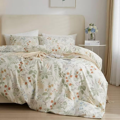 MKXI Queen Comforter Set Cute Green Floral Bedding Comforter Set White Printed Reversible Soft Comforter Garden Style