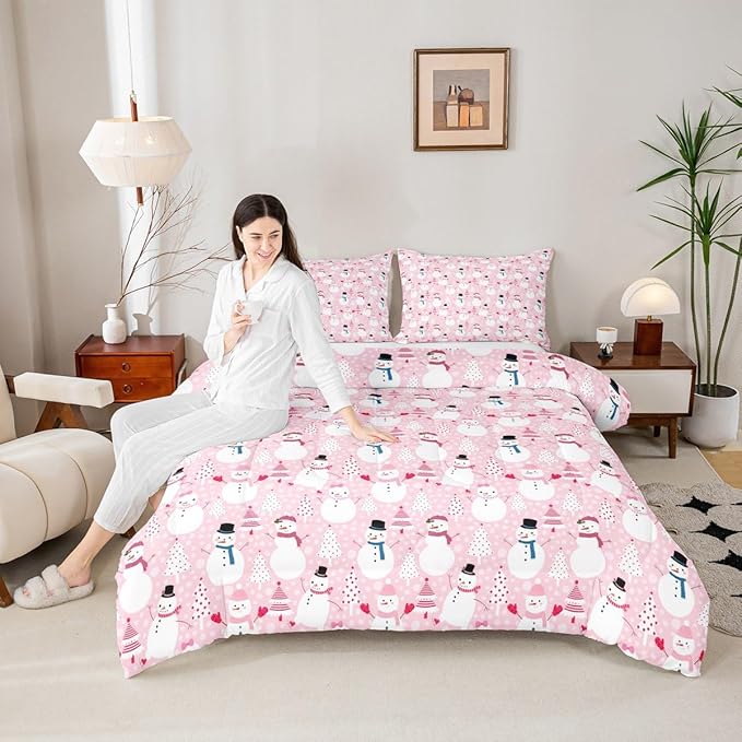 Cartoon Pink Dreamy Boys Girls Comforter Set Full Size,Snowman Christmas Tree Duvet Set Teens Bedroom Decor,Merry Christmas Microfiber Soft Bedding