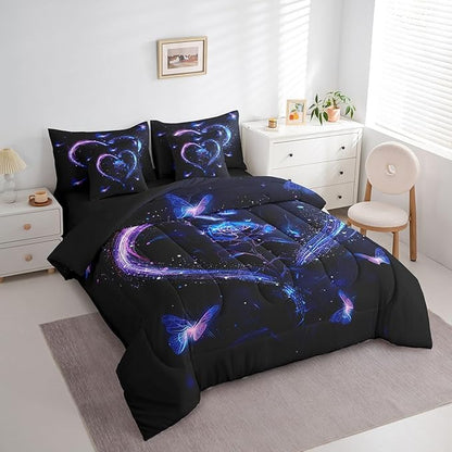 Erosebridal Purple Blue Rose King Comforter Set for Girls Women,Butterfly Rose Floral Bed in a Bag 7 Piece for Couples Bedroom Decor,Romantic Love Heart Bedding Set Valentines Day Wedding Gifts