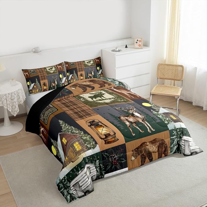 Farmhouse Bear Comforter Set Queen, Rustic Cabin Lodge Down Comforter, Retro Woodland Deer Bedding Comforter Sets, Hunting Wild Animal Plaid Checkered Quilt with 2 Pillow Cases Bedroom Decor, Brown
