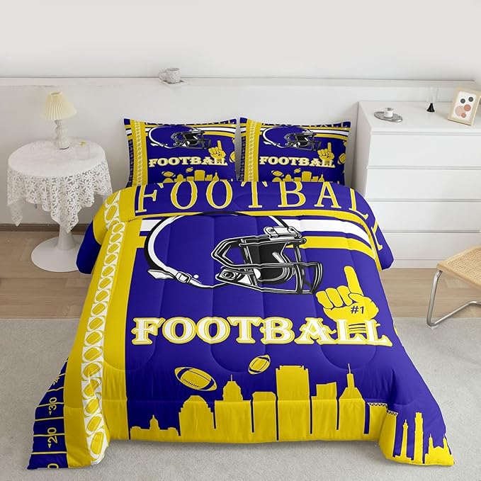 Feelyou Football Bedding Set Boys Girls Comforter Set Full Size Sports Themed Women Men Rugby Sport Duvet Quilt Football City Yellow Purple Room Decor