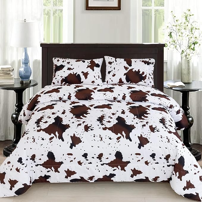 PERFEMET 3 Pieces Boys Twin Comforter Set, Brown White Cow Print Kids Bedding Set with Pillowcases, Geometric Reversible Western Style Bed Set for Teen Boy (Brown White, Twin)