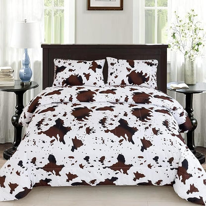 PERFEMET 3 Pieces Boys Twin Comforter Set, Brown White Cow Print Kids Bedding Set with Pillowcases, Geometric Reversible Western Style Bed Set for Teen Boy (Brown White, Twin)
