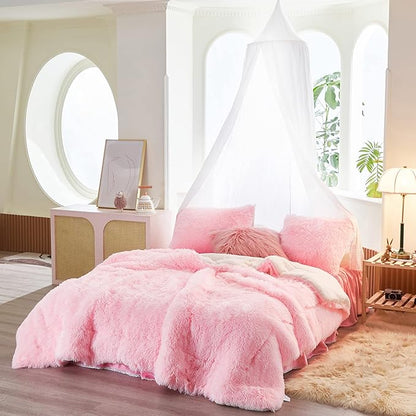 UOZZI BEDDING Pink Faux Fur Comforter Set King 3 Pieces - 1 Shaggy Comforter Set 104x90 with 2 Pillowcases, Ultra Soft and Easy Care Luxury Plush Shaggy Duvet Set for Girls Women Princess Style