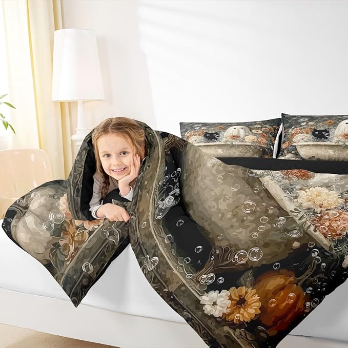Erosebridal Halloween Vintage Ghost Queen Comforter Set, Boho Floral Boho Bathtub Bedding Set for Kids Boys Girls Halloween Bedroom Decor, Mystical Ghost Cat Comforter, Spooky Bubble Bath Art Quilt
