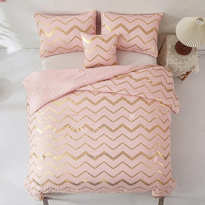 Menghomeus Pink Comforter Set Twin/Twin XL Size Metallic Blush and Rose Gold Bed Comforter 3 Piece Soft Microfiber Bedding for Teen Girls Women (1 Pillow Sham + 1 Decorative Pillow Sham)