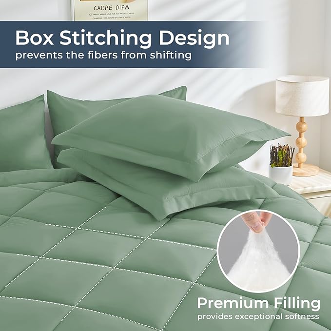 HEVUMYI Light Green Full Comforter Set - 7-Piece All Season Bed in a Bag Full, Ultra Soft Bedding Set with Comforter, Flat Sheet, Fitted Sheet, Pillowcases, Pillow Shams