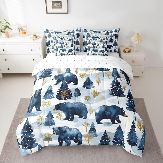 Erosebridal Rustic Bear Bed in A Bag Full | Jungle Hunting Farmhouse Wildlife 7 Piece Comforter Set Wild Animals Sheet Set Winter Snowflakes Pine Trees Fitted Sheet Breathable Lightweight