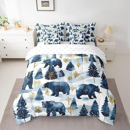 Erosebridal Rustic Bear Bed in A Bag Full | Jungle Hunting Farmhouse Wildlife 7 Piece Comforter Set Wild Animals Sheet Set Winter Snowflakes Pine Trees Fitted Sheet Breathable Lightweight