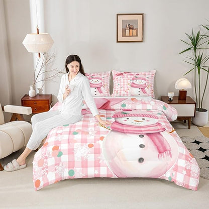 Castle Fairy Pink White Geometric Grid Dots Bed Comforter Set Queen Size,Pink Bow Girly Style Super Soft Microfiber Bedding Set for Adults Teens,Cute Cartoon Snowman Comforter Set,2 Pillowcases