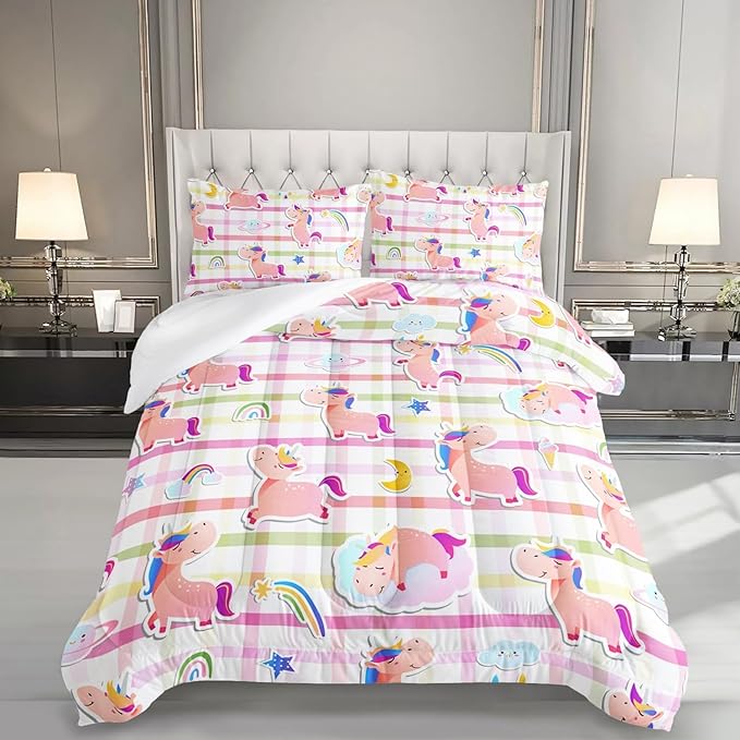 Kawaii Unicorn Comforter Set for Girls Kids Pink Rainbow Unicorn 3 Pieces Bedding Set King Size Colorful Stripes Bed Set Quilts Set Lightweight Soft Microfiber Warm Down Alternative All Season