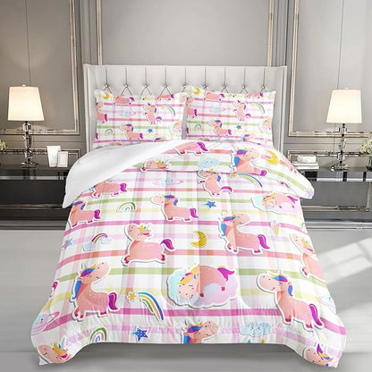 Kawaii Unicorn Comforter Set for Girls Kids Pink Rainbow Unicorn 3 Pieces Bedding Set King Size Colorful Stripes Bed Set Quilts Set Lightweight Soft Microfiber Warm Down Alternative All Season