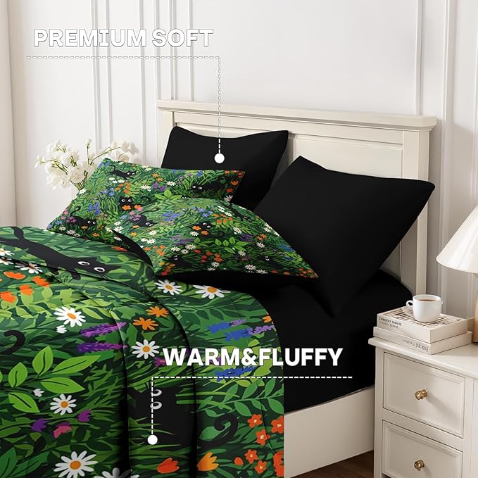 Nesker 5 Pcs Spring Comforter Set Twin Size, Black Cat Flower Bedding Set for Kids and Adults, Green Garden Bed Sheet Sets with Fitted Sheet Pillowcase & Sham
