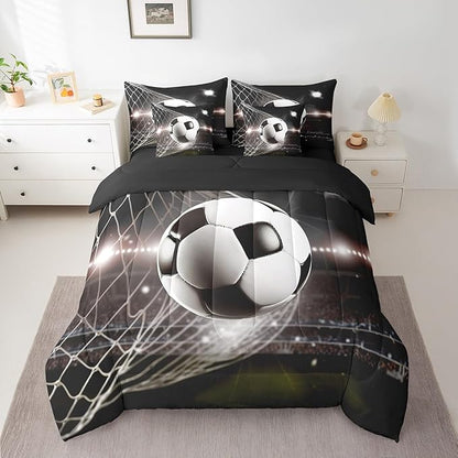 Feelyou Soccer Ball Comforter Set Full Size 7 Pcs Football Comforter Bed in a Bag Black White Sports Bedding Set for Boys Girls Teens Soccer Lover Bed Set with Sheets, Pillowcases, Pillow Covers