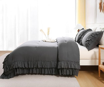 Herside Dark Grey Ruffle Comforter Set Queen Size,Shabby Chic Boho Bedding Sets, Soft Fluffy Comforters Sets for All Season,Vintage Ruffled 3 Pcs Microfiber Lightweight Quilt Set for Women Girls