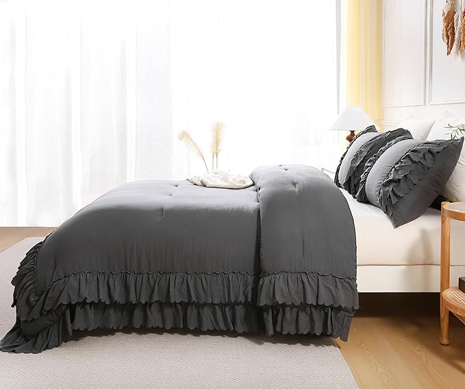 Herside Dark Grey Ruffle Comforter Set King Size,Shabby Chic Boho Bedding Sets, Soft Fluffy Comforters Sets for All Season,Vintage Ruffled 3 Pcs Microfiber Lightweight Quilt Set for Women Girls