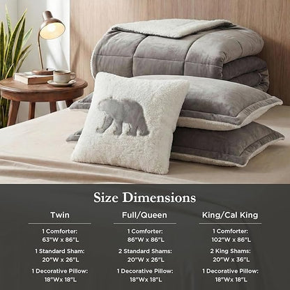 Woolrich Reversible Comforter Set Ultra Soft Plush to Sherpa, Down Alternative, Cold Weather Winter Warm Bedding, with Matching Sham, Decorative Pillow Charcoal/Ivory Full/Queen 4 Piece